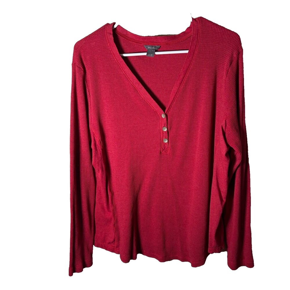 Eddie Bauer T-Shirt Women's XL Red Thermal Henley V-Neck Long Sleeve Basic